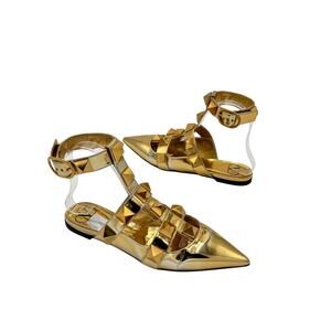 Valentino Garavani Roman Stud Pointed Toe Gold Leather Flat Mule Sandals Size 37